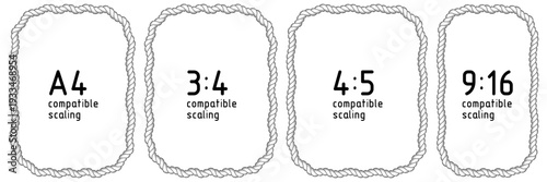 Rope frames. Set of brush borders. Wavy rectangular, A4 compatible, ar 3:4, 4:5, 9:16 shapes for decorative sailor, cowboy designs. Black vintage vector illustration isolated on white background