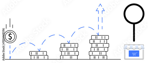Business growth, investment, financial planning, e-commerce, analysis, and profitability. Stacks of coins increasing in size, dollar symbol and magnifying glass near a storefront. Business growth