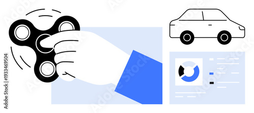 Fidget spinner concept. A hand spins a fidget spinner near car and data graphics elements. Fidget spinner focus and stress relief. Perfect for productivity, relaxation, analytics, innovation