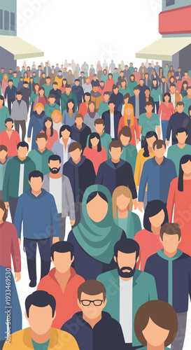 A dense, colorful crowd of diverse individuals in casual attire is walking towards the viewer on a street between buildings.