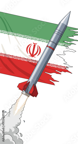 A grey missile with red fins is launching upwards with a smoke trail in front of a tattered Iranian flag.