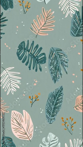 Animated Tropical Leaves Pattern On Sage Green Background