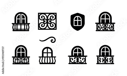Balcony silhouette icon set. elegant window balustrade designs for architecture projects