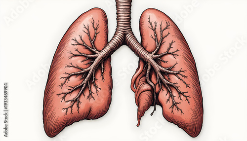 Detailed anatomical illustration of human lungs with bronchial tree and trachea, medical healthcare concept showing respiratory system structure, internal organs diagram isolated on light background