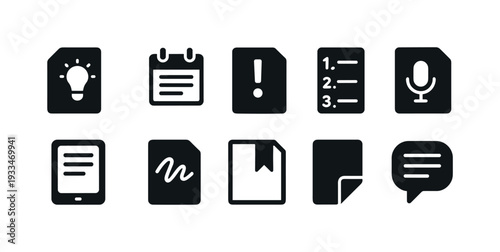 Communication and document solid icon set: messaging, files, ideas, checklist icons