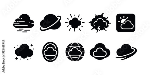 Weather forecast solid icon set. cloud, storm, sun, rain, wind, weather symbols