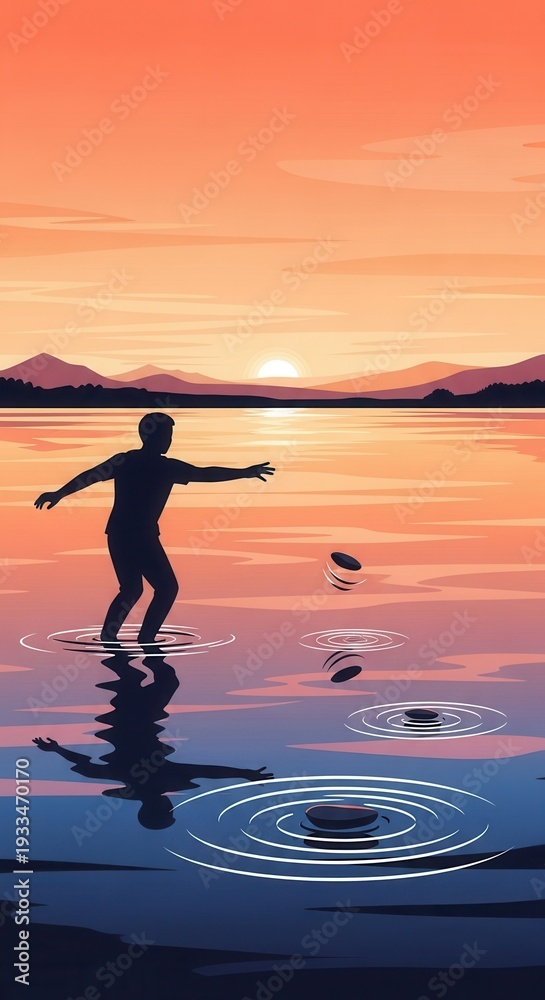 Fototapeta premium Silhouetted figure throws flat objects across calm water during sunset