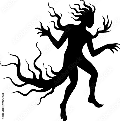 Twisted root like legs phantom posed with extended arms and streaming hair, ghastly underworld creature for game logo branding, eerie occult character illustration, bold negative space artwork