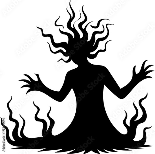 Ground merging smoky base spirit spreading clawed hands dramatically, macabre abyss entity for dark poster artwork, supernatural branding emblem, layered shadow illustration concept