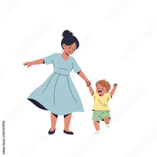 Mother Holding Hands with Happy Toddler.