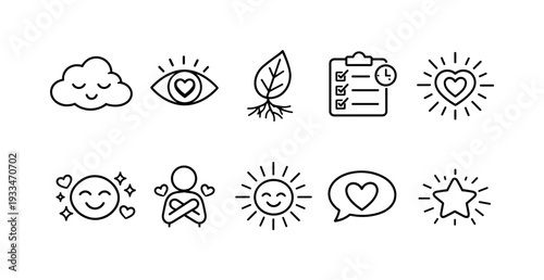 Well-being, mindfulness, and wellness icon set. relaxation, positive line icons collection.