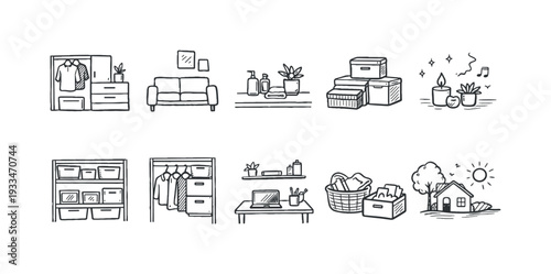 Home organization, storage line icon set. neat home essentials line collection