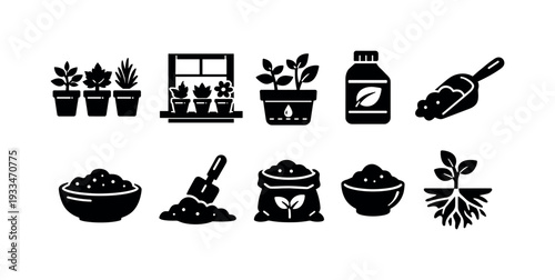 Gardening solid icon set. plants, tools, soil and growth icons solid collection