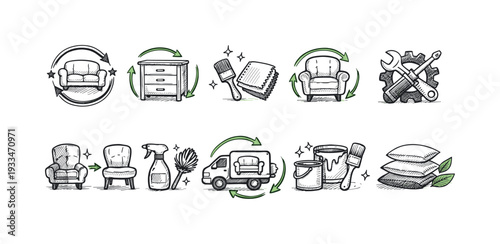 Furniture upcycling outline icon set: sustainability and home projects
