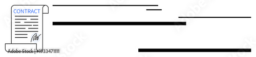 Rolled legal document featuring the word CONTRACT, text, and a signature. Ideal for contracts, agreements, legal processes, business deals, document signing, authority compliance simple flat