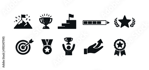 Achievement silhouette icon set. goals, success, rewards icons collection.