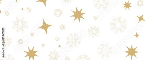 Seamless Christmas gold snowflakes and stars pattern isolated on transparent background. Vector snow New year pattern.