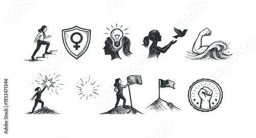 Empowerment, feminism linear icon set. equality, activist, woman rights vector illustrations