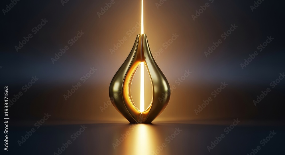 Fototapeta premium Muted ambient light softly envelops a sleek golden ornament, creating a striking contrast of calm seriousness and brilliant achievement, triumph, bright, spotlight