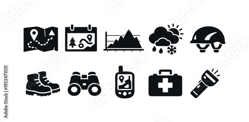 Outdoor adventure solid icon set. hiking, navigation, camping gear icons solid style.