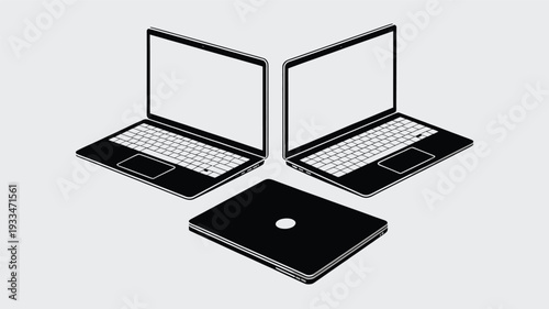 A simple, black and white vector illustration of two laptops and a CD, perfect for business, technology, or communication concepts.