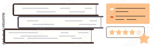 Literature, education, book reviews, learning resources, online ratings, educational content. A stack of books next to a star rating card. Literature and education concept feedback and reviews