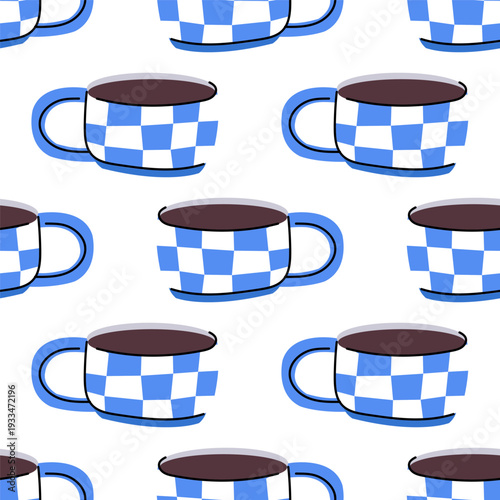 Seamless pattern with checkered coffee mug. Crooked ceramic cup print
