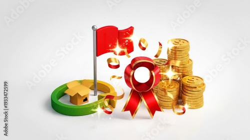 Goal achievement flag, ribbon, coins & upward arrow