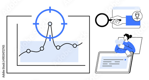 Data analytics concept. Data analytics illustrated with a graph, target focus, and research elements. Data analytics supports decision-making, statistics, reporting, forecasting, and optimization