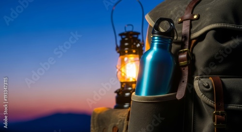 A durable water bottle is securely fastened to an outdoor pack, illuminated by the warm, inviting glow of a camping lantern at dusk, illuminated, illumination, tranquil