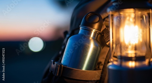 A durable water bottle is securely fastened to an outdoor pack, illuminated by the warm, inviting glow of a camping lantern at dusk, night, ambient, lantern