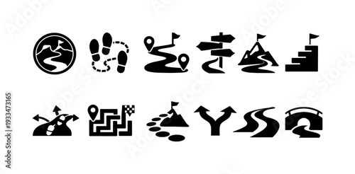 Navigation and travel silhouette icon set. path, maps, wayfinding icons collection