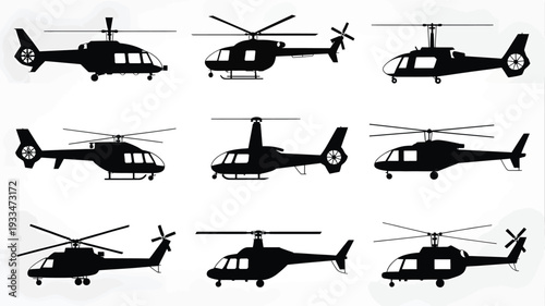 A set of nine black helicopter silhouettes in different orientations and lighting conditions, perfect for design and commercial use.