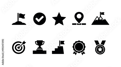 Achievement and goal solid icon set. milestones and awards icons collection