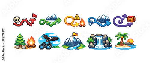 Adventure, travel pixel art icon set. exploration, camping nature icons collection