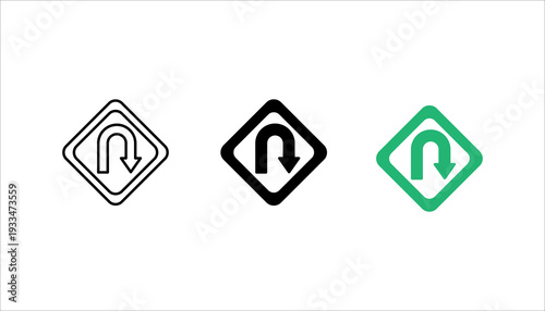 Simple line icon SET. of a U-turn arrow symbolizing direction change, reversal, strategy shift, navigation reroute, or decision making. Perfect for UI, maps, and business pivot concepts.
