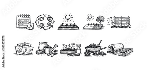 Gardening sketch icon set. hand-drawn, garden tools, plants, and nature illustrations.