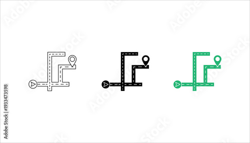 Minimal line icon of a navigation route map with start point and destination pin, representing GPS tracking, travel planning, logistics, and route optimization.