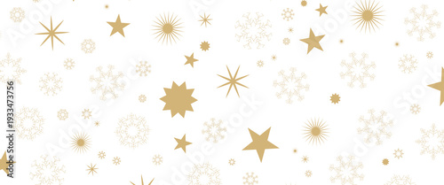 Seamless Christmas gold snowflakes and stars pattern isolated on transparent background. Vector snow New year pattern.