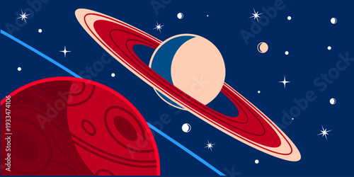 Saturn planet with rings in deep space background filled with stars. Modern flat vector for astronomy design, galaxy concept, sci fi theme and educational space poster.