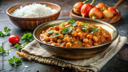 A photo of a steaming bowl of aromatic Indian chana masala, filled with soft chickpeas and vibrant spices, served on a platter with fluffy rice grains