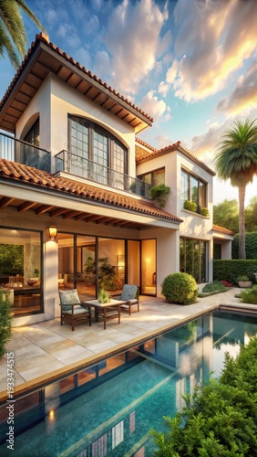 A photo of a luxurious custombuilt house with a backyard pool in Los Angeles Modern architecture, large windows, terracotta roof, white walls, outdo