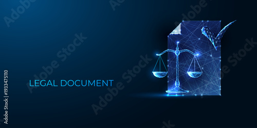 Digital legal document with glowing checkmark and justice scales, AI law and compliance validation