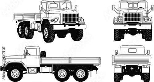 Heavy duty cargo truck vector set, front side rear view transport vehicle illustration, industrial transport lorry design template