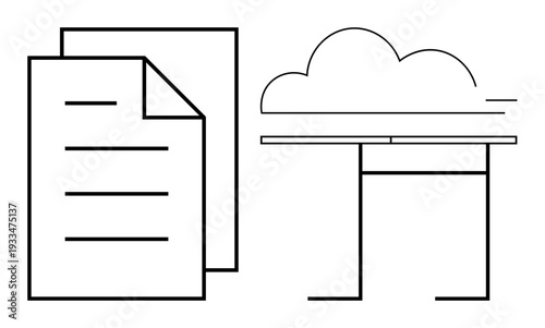 Cloud computing, digital storage, data security, document management, remote access, file sharing. Outlines of a document and a cloud icon. Cloud computing and digital storage concepts