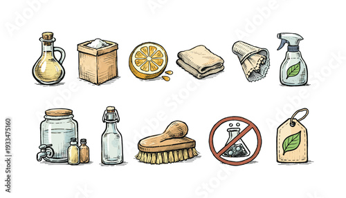Eco-friendly household cleaning icon set. natural, organic tools in hand-drawn style.