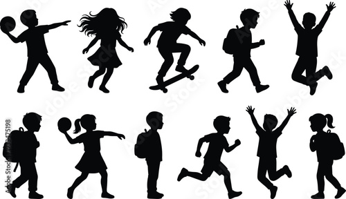 kids silhouette activity set, children playing running jumping collection, school kids with backpack, boy girl sports poses