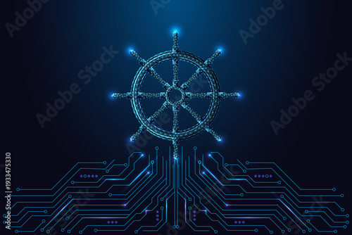 Digital Navigation Wheel with Circuit Board Connections. Futuristic Control Technology Vector
