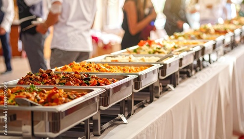A long buffet table filled with various dishes in chafing dishes, guests choosing food