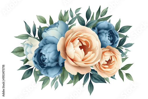 Watercolor floral bouquet with blue peonies and peach roses, elegant wedding garden nature theme, transparent background